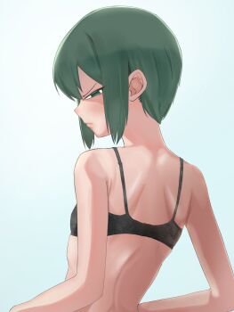 1girl annoyed black_bra blue_background bra closed_mouth empty_eyes female_focus flat_chest from_behind gradient_background green_eyes green_hair kino_(kino_no_tabi) kino_no_tabi lace lace_bra looking_at_viewer looking_back matching_hair/eyes petite profile riceball_sama shaded_face short_hair simple_background solo tomboy turning_head underwear underwear_only upper_body
