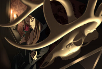 Rule 34 | 1girl, animal skull, antlers, black robe, blurry, blurry background, blurry foreground, bone, breasts, brown eyes, brown hair, candle, chibiibiru, cleavage, closed mouth, commentary request, cowboy shot, crossed arms, deer skull, flower, from above, head tilt, holding, holding flower, hood, hood up, hooded robe, horns, indoors, long hair, long sidelocks, long sleeves, looking at viewer, medium breasts, mixed-language commentary, mugino shizuri, red flower, red rose, robe, rose, sidelocks, smile, solo, toaru majutsu no index