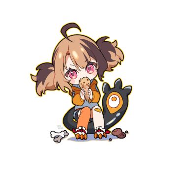 Rule 34 | 1girl, :3, ahoge, artist name, bandaid, bandaid on knee, bandaid on leg, black shorts, blush stickers, bone, brown hair, cartoon bone, chibi, chocolate chip cookie, commentary, cookie, crumbs, english commentary, food, gigi murin, gigi murin (1st costume), highres, holding, holding ice cream cone, hololive, hololive english, hood, hoodie, ice cream, ice cream cone, long sleeves, looking at viewer, orange hoodie, orange thighhighs, paw shoes, pink eyes, puffy long sleeves, puffy sleeves, shirt, short twintails, shorts, simple background, single thighhigh, sitting on own tail, solo, tail, thighhighs, twintails, virtual youtuber, white background, white shirt, yenkoes