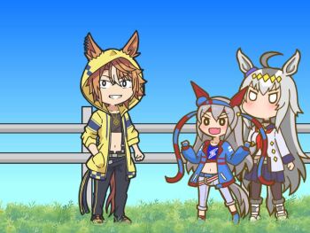 Rule 34 | 3girls, ahoge, animal ears, belt, black choker, black pants, black pantyhose, black shirt, blank eyes, blue hairband, blue jacket, blue sailor collar, blue skirt, blue sky, blue sports bra, blush, boots, brooch, brown hair, choker, collarbone, commentary request, crop top, dictus striker (umamusume), ear covers, ear ornament, ears through headwear, ears through hood, fang, fence, fingerless gloves, gloves, grass, grey hair, grey tail, grin, hair between eyes, hair ornament, hairband, headband, hood, hooded jacket, hoodie, horse ears, horse girl, horse tail, jacket, jewelry, lightning bolt print, lightning bolt symbol, long hair, long sleeves, midriff, mr. ebidou, multicolored hair, multiple girls, navel, neckerchief, no mouth, oguri cap (starlight beat) (umamusume), oguri cap (umamusume), open mouth, pants, pantyhose, pleated skirt, red belt, red headband, red neckerchief, sailor collar, shirt, short hair, skirt, sky, smile, sports bra, star brooch, streaked hair, striped clothes, striped hairband, tail, tamamo cross (umamusume), tamamo cross (with lightning speed) (umamusume), teeth, umamusume, umamusume: cinderella gray, very long hair, white boots, white hair, white jacket, white pants, white shirt, yellow hood, yellow hoodie, yellow jacket
