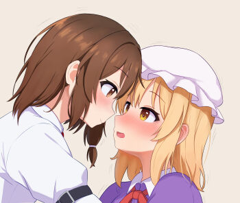 2girls absurdres asymmetrical_hair blonde_hair blush bow bowtie brown_eyes brown_hair chinese_commentary closed_mouth collared_dress collared_shirt commentary contrast_collar dress grey_background hair_ribbon hat highres imminent_kiss looking_at_another maribel_hearn medium_hair mob_cap multiple_girls necktie no_headwear open_mouth purple_dress red_bow red_bowtie red_necktie ribbon shiro_(user_1048334293) shirt sleeve_garter smile touhou usami_renko white_hat white_ribbon white_shirt yellow_eyes yuri