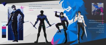 Rule 34 | 1boy, batman (series), black bodysuit, blue bodysuit, bodysuit, covered abs, dc comics, dick grayson, escrima sticks, eye mask, highres, male focus, mask, multicolored bodysuit, muscular, muscular male, nightwing, solo, superhero costume, taut bodysuit, two-tone bodysuit, yshxio388622