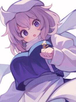 1girl backlighting blue_eyes blue_vest blush breasts chikuwa_savy clenched_hand commentary cowboy_shot dress dutch_angle from_below hand_up hat juliet_sleeves lapel_pin large_breasts letty_whiterock long_sleeves looking_at_viewer medium_hair open_mouth pink_hair puffy_sleeves scarf simple_background solo touhou vest white_background white_dress white_hat white_scarf