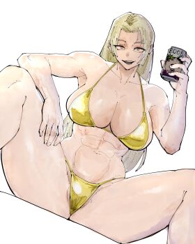 1girl abs absurdres bikini blonde_hair breasts can cleavage commentary drink_can english_commentary gold_bikini highres holding holding_can jujutsu_kaisen large_breasts long_hair looking_at_viewer miregeist open_mouth parted_hair simple_background sitting smile solo spread_legs swimsuit toned toned_female tsukumo_yuki_(jujutsu_kaisen) white_background yellow_eyes