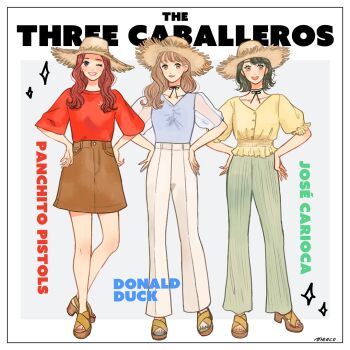 3girls character_name donald_duck genderswap green_hair hat humanization jose_carioca meecosme mickey_mouse_&amp;_friends multiple_girls open_mouth panchito_pistoles pants red_hair saludos_amigos shirt short_hair simple_background smile sombrero the_three_caballeros