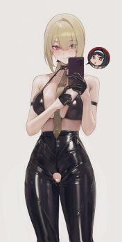 2girls arm_strap astra_yao bare_shoulders black_bra black_gloves black_pants blonde_hair blush bra breasts cellphone censored closed_mouth collarbone commentary duplicate evelyn_chevalier far_side gloves grey_background hair_down half_gloves halterneck heart heart_censor high-waist_pants highres holding holding_phone large_breasts long_hair looking_at_viewer mole mole_under_eye multiple_girls necktie pants phone purple_eyes pussy pussy_cutout pussy_juice pussy_juice_on_face simple_background single_hair_intake smartphone smile solo_focus spoken_character underwear yellow_necktie zenless_zone_zero