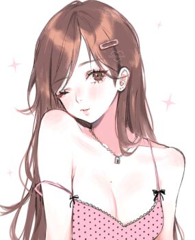 1girl absurdres artist_name bow_camisole breasts brown_eyes brown_hair camisole cleavage commentary english_commentary hair_ornament hairclip highres jewelry large_breasts loltinami long_hair looking_at_viewer mole mole_on_chest necklace one_eye_closed original parted_lips pink_camisole ponytail solo spaghetti_strap strap_slip stuffed_toy upper_body watermark