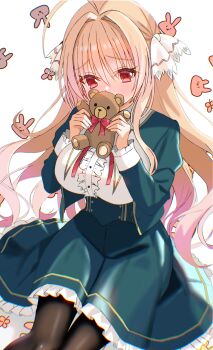 1girl absurdres ahoge alicetia_wallenberg_kezouji black_pantyhose blonde_hair blush bow bowtie breasts center_frills commentary_request covering_own_mouth dress embarrassed eyes_visible_through_hair feet_out_of_frame floating_hair frilled_dress frilled_sleeves frills furrowed_brow green_dress hair_between_eyes hair_intakes hair_ribbon hands_up highres holding holding_stuffed_toy huge_ahoge large_breasts long_hair long_sleeves looking_at_viewer pantyhose primal_hearts primal_hearts_2 red_bow red_bowtie red_eyes ribbon sakuratoru school_uniform simple_background sitting solo stuffed_animal stuffed_toy teddy_bear very_long_hair white_background white_ribbon