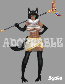 1girl abs adoptable ancient_egyptian ancient_egyptian_clothes animal_ears animal_hands anubis anubis_(mythology) black_hair colored_skin commentary commission dark_skin dog_ears for_adoption full_body green_eyes grey_background highres monster_girl mummy_costume original reference_sheet self-upload simple_background tail