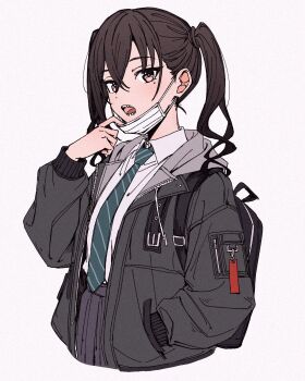 Rule 34 | 1girl, backpack, bag, black hair, highres, idolmaster, idolmaster cinderella girls, jacket, looking at viewer, mask, mask pull, mouth mask, necktie, open clothes, open jacket, open mouth, qaqyes re, sharp teeth, solo, sunazuka akira, teeth, twintails, upper body