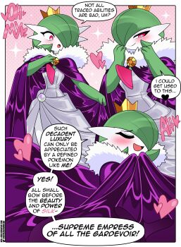 1girl absurdres artist_name blush cape closed_eyes colored_skin crown dress fur-trimmed_cape fur_trim gardevoir gen_3_pokemon green_hair green_skin highres mega_stone multicolored_skin multiple_views nico-neko nintendo pink_eyes pokemon pokemon_(creature) purple_cape queenly_majesty_(pokemon) smile speech_bubble trace_(pokemon_ability) two-tone_skin white_skin