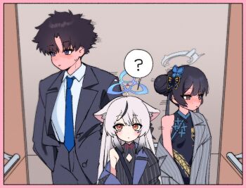 1boy 2girls black_hair blue_archive blue_eyes blue_necktie blush china_dress chinese_clothes dress embarrassed formal_clothes highres jacket je_o_mo kisaki_(blue_archive) kokona_(blue_archive) long_hair multiple_girls necktie orange_eyes sensei_(blue_archive) short_hair suit suit_jacket white_hair