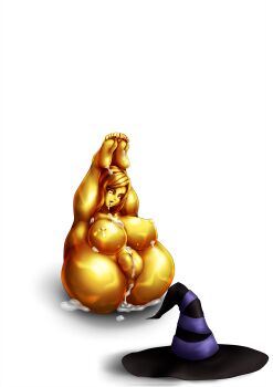 Rule 34 | 1girl, absurdres, anus, arms behind back, ass, barefoot, black hat, breasts, cleavage, collarbone, colored eyelashes, colored nipples, colored sclera, colored skin, colored tongue, completely nude, cum, cum in ass, cum in pussy, cum on body, cum on breasts, cum on feet, cum on hair, cum on stomach, cum on upper body, cum pool, cumdrip, dragon's crown, drooling, fat mons, feet above head, fluid on breasts, folded, forehead, gold hair, gold skin, hat, highres, huge breasts, lactation, large variant set, legs over head, liquid, long hair, navel, ningyoushi, nipples, no areolae, no irises, no pupils, nude, open mouth, parted bangs, petrification, projectile lactation, puckered anus, pupiless eyes, pussy, raised eyebrows, saliva, shadow, simple background, slime (substance), solid eyes, solo, sorceress (dragon's crown), statue, swept bangs, tearing up, thick eyelashes, thighs, tongue, tongue out, transformation, unworn hat, unworn headwear, variant set, wam, wet, wet and messy, white background, witch hat, yellow nipples, yellow sclera, yellow skin, yellow tongue