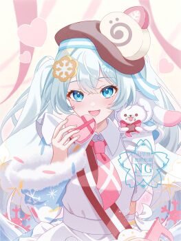 Rule 34 | 1girl, apron, aqua eyes, aqua hair, beret, blush, box, brown hat, chocolate, commentary request, cookie hair ornament, food, food-themed hair ornament, fortissimo, frilled apron, frills, fur-trimmed sleeves, fur trim, gift, gift box, hair between eyes, hair ornament, hat, hatsune miku, heart-shaped box, highres, holding, holding box, holding chocolate, holding food, holding gift, long hair, looking at viewer, musical note, musical note hair ornament, necktie, official alternate costume, official alternate hairstyle, open mouth, pink necktie, rabbit yukine, sakusakupenpen, short sleeves, smile, twintails, upper body, valentine, very long hair, vocaloid, watermark, white apron, wide sleeves, yuki miku, yuki miku (2026)