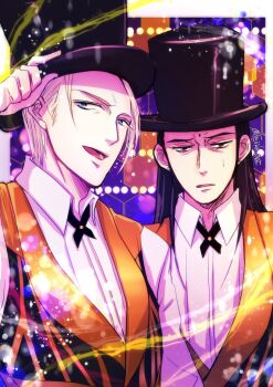 2boys alternate_costume bindi black_hair black_headwear blonde_hair blue_eyes collar earrings embarrassed final_fantasy final_fantasy_vii final_fantasy_vii_remake fujiko_one hat highres honey_bee_inn jewelry light_particles looking_at_viewer male_focus multiple_boys nervous open_mouth parted_lips red_eyes rufus_shinra shirt square_enix sweat top_hat tseng turks_(ff7) twitter_username vest white_shirt wing_collar