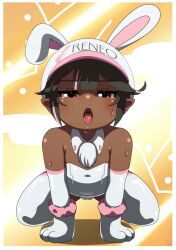 1girl absurdres animal_ear_headwear animal_ears animated arm_support black_hair blinking border cameltoe dark-skinned_female dark_skin detached_collar detached_sleeves drooling fake_animal_ears female_focus flat_chest fur-trimmed_gloves fur_trim gloves highres leaning_forward leotard live2d loli looking_at_viewer multicolored_hair open_mouth original paw_gloves pink_hair pointy_ears rabbit_ears red_eyes saliva shees_e_reotch_(spaga) short_hair solo spaga squatting strapless strapless_leotard streaked_hair sweat thighhighs tongue tongue_out uvula video white_border white_leotard white_thighhighs