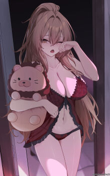 1girl absurdres alphaart azur_lane babydoll bare_shoulders black_background blush bra breasts brown_eyes brown_hair cleavage collarbone commentary crossed_bangs doorway english_commentary hair_between_eyes hair_intakes hand_up highres holding holding_stuffed_toy large_breasts lingerie lion_(azur_lane) long_hair looking_at_viewer messy_hair navel one_eye_closed open_door open_mouth panties pov_doorway red_babydoll red_bra red_panties sidelocks solo standing stuffed_animal stuffed_toy tearing_up thighs underwear very_long_hair