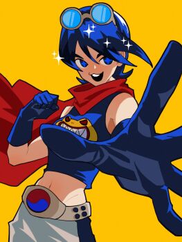 1boy 1girl animal_print bell-bottoms belt black_gloves blue_eyes blue_gloves blue_hair breasts cape clenched_hand crop_top eyewear_on_head frog_print gloves goggles goggles_on_head hair_between_eyes henshin_pose highres humanization large_breasts looking_at_viewer male_focus may_lee midriff navel open_mouth pants plasticcero99 red_cape red_scarf scarf shirt short_hair simple_background sleeveless smile snk solo sparkle standing star_(symbol) sunglasses t-shirt teeth the_king_of_fighters yellow_background