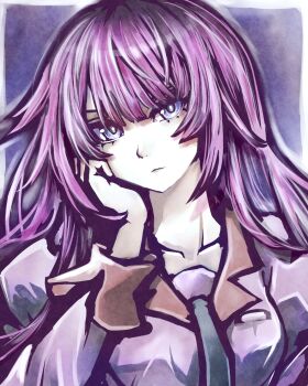 1girl absurdres bakemonogatari black_necktie blue_background blue_eyes closed_mouth collarbone collared_shirt commentary eyelashes hand_up highres juliet_sleeves long_sleeves looking_at_viewer monogatari_(series) naoetsu_high_school_uniform necktie pink_shirt portrait puffy_sleeves purple_hair school_uniform senjougahara_hitagi shirt solo tsukihi_shida upper_body