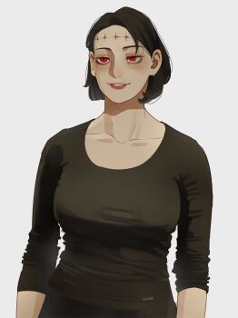 Rule 34 | 1girl, abigail shapiro, absurdres, black hair, black shirt, breasts, commentary, drawink, grin, highres, itadori kaori, jujutsu kaisen, kenjaku, large breasts, lipstick, looking at viewer, makeup, parted lips, photo-referenced, real life, red eyes, red lips, scar, scar on face, scar on forehead, shirt, short hair, smile, solo, stitched forehead, upper body, white background