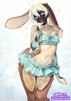 1girl :3 ahoge animal_ears animal_hands animal_nose arm_at_side artist_name bare_shoulders bikini bikini_skirt black_fur blonde_hair blue_background blue_bikini blue_eyes blue_fur blue_hair blue_nails blue_pupils body_fur breasts brown_fur chromatic_aberration collarbone commission dog_ears dog_girl dog_tail fangs female_focus furry furry_female gradient_background hair_between_eyes hand_up happy head_tilt highres legs_together long_animal_ears looking_at_viewer multi-strapped_bikini_bottom multicolored_fur multicolored_hair navel open_mouth original patreon_username pawpads short_hair short_tail side-tie_bikini_bottom sidelocks signature small_breasts smile solo sparkle spotted_fur standing stomach suahh swimsuit tail teeth thick_thighs thighs tongue two-tone_hair watermark web_address wide_hips yellow_fur