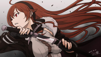 1girl ahoge bandaged_hand bandages black_hairband black_jacket breasts commentary_request dated eris_greyrat fur-trimmed_jacket fur_trim gradient_background grey_background hairband holding holding_sword holding_weapon jacket koma_inu_(komainu_mainu) long_hair long_sleeves looking_to_the_side medium_breasts mushoku_tensei parted_lips profile red_eyes red_hair sheath shirt signature solo sword unsheathing upper_body weapon white_shirt