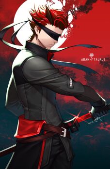 1boy adam_taurus black_jacket black_pants blindfold broken_moon character_name closed_mouth commentary english_commentary glint highres holding holding_sword holding_weapon horns jacket katana moon official_art pants red_hair red_sky rwby sheath short_hair signature sky solo sword unsheathing uyalago weapon