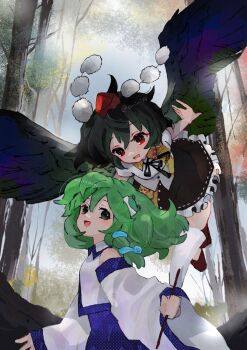 2girls :d bare_shoulders black_ribbon black_skirt black_wings blue_skirt blush breasts collared_shirt commentary detached_sleeves dot_nose emimi_(emimi_28) feathered_wings forest frilled_skirt frills frog_hair_ornament geta gohei green_eyes green_hair hair_ornament hat holding holding_gohei kochiya_sanae long_sleeves looking_at_another medium_breasts medium_hair multiple_girls nature open_mouth patterned_clothing pom_pom_(clothes) print_skirt red_eyes red_hat ribbon shirt single_sidelock skirt skirt_set sleeveless sleeveless_shirt sleeves_past_wrists smile snake_hair_ornament symbol-only_commentary tengu-geta tokin_hat touhou tree twitter_username white_shirt wide_sleeves wing_collar wings