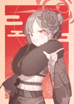 1girl absurdres aru_(blue_archive) aru_(new_year)_(blue_archive) bag blue_archive blunt_bangs blush border demon_horns doribae egasumi floral_print flower frilled_sleeves frills fur-trimmed_kimono fur_collar fur_trim hair_bun hair_flower hair_ornament halo handbag highres holding holding_bag horns japanese_clothes kanzashi kikkoumon kimono looking_at_viewer obi obijime official_alternate_costume open_mouth parted_bangs pink_eyes pink_hair print_kimono red_background sash single_hair_bun smile solo upper_body wide_sleeves