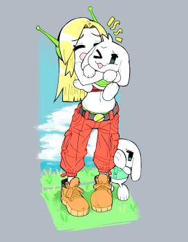 1girl 1her0 2others android blonde_hair boots brown_boots character_request closed_eyes curly_brace doukutsu_monogatari highres long_hair mimiga multiple_others navel open_mouth pants red_pants smile