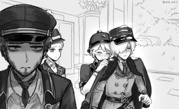 alternate_costume andrew_kreiss andrew_kreiss_(train_conductor) artist_name bags_under_eyes character_request closed_eyes coat commentary_request facial_hair greyscale hair_over_one_eye hat highres identity_v implied_yaoi monochrome necktie peaked_cap police police_uniform servais_le_roy tendenbarabara train_conductor victor_grantz victor_grantz_(sheriff) yaoi