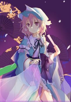 1girl black_ribbon blue_hat blue_kimono closed_mouth commentary_request folded_fan folding_fan frilled_kimono frills hand_fan hat holding holding_fan japanese_clothes kazu_(muchuukai) kimono long_sleeves medium_hair mob_cap neck_ribbon oil-paper_umbrella pink_eyes pink_hair ribbon saigyouji_yuyuko sleeve_garter smile solo touhou triangular_headpiece umbrella wide_sleeves