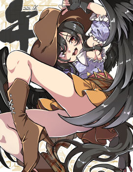 1girl absurdres armpits black_gloves black_hair black_wings blue_shirt boots breasts brown_boots brown_hat brown_skirt commentary_request convenient_censoring cowboy_hat fingerless_gloves floating_hair from_below gloves gokuu_(acoloredpencil) hair_between_eyes hat high_heel_boots high_heels highres horse_girl horse_tail kurokoma_saki legs looking_at_viewer medium_breasts parted_lips plaid_clothes plaid_shirt plaid_skirt red_eyes shirt short_sleeves skirt smile solo tail teeth thighs touhou upper_teeth_only wings