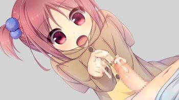 1boy 1girl animal_costume animal_hood aoi_aruma censored clueless cosplay costume cowboy_shot cum cum_on_body cum_on_hands dog_costume erection flat_chest game_cg hood jissai_no_tokoro kigurumi kumura_hibari_(jissai_no_tokoro) loli looking_at_penis lying mosaic_censoring navel on_back open_mouth penis pink_eyes pink_hair poking shirt short_hair sidelocks simple_background standing transparent_background twintails variant_set white_shirt