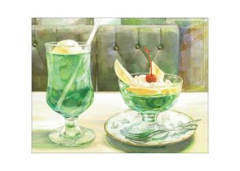 cherry commentary_request cup drinking_glass drinking_straw food fork fruit highres ice_cream ice_cream_float indoors melon_soda no_humans original plate soda still_life sunoji08 table