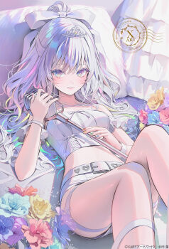 1girl bare_shoulders belt belt_buckle bow breasts buckle collarbone commentary copyright_notice crossed_bangs detached_sleeves eyelashes fingernails flower gradient_eyes hair_bow half_updo head_on_pillow high_ponytail highres holding holding_microphone_stand kitada_mo knees_up light_blush light_smile long_hair looking_at_viewer lying microphone_stand midriff multicolored_eyes multicolored_flower multicolored_nails nail_polish on_bed original pants pillow ponytail ribbon second-party_source short_shorts shorts small_breasts solo strapless tiara tube_top watermark wavy_hair white_belt white_hair white_pants white_ribbon white_tube_top wristband