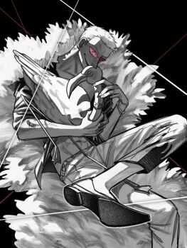 1boy animal bird black_background blonde_hair blue_eyes crossed_legs donquixote_doflamingo feather_coat flamingo highres holding holding_animal invisible_chair looking_at_viewer male_focus mint_ack monochrome muscular muscular_male navel one_piece open_clothes open_shirt pink-tinted_eyewear short_hair sitting sunglasses thread tinted_eyewear
