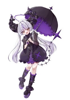 1girl boots demon_horns demon_tail hololive horns la+_darknesss lolita_fashion parasol tail tarako_(tarakoyama) umbrella virtual_youtuber