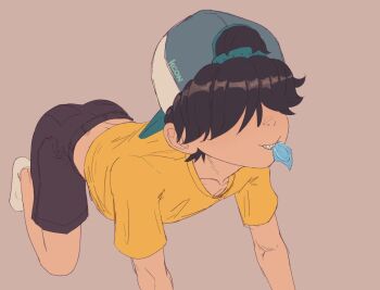 Rule 34 | 1boy, all fours, artist name, baseball cap, braces, condom, condom in mouth, covered eyes, hair over eyes, hat, kyoudaicon, male focus, mouth hold, original, shirt, short hair, shorts, signature, socks, solo