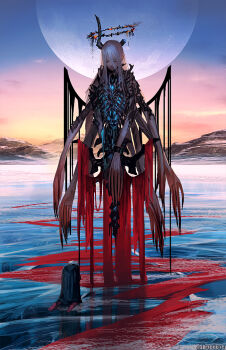 1other ambiguous_gender artist_name black_cloak black_horns blood broken_horn claws cloak closed_eyes commentary_request creature extra_arms fantasy full_moon hair_between_eyes halo horns ice kneeling long_hair monokubo monster moon original outdoors reflection scenery sky snow white_hair wings
