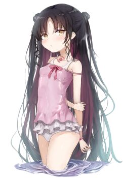 1girl 7gao absurdres aged_down arms_behind_back bare_shoulders black_hair blush breasts brown_eyes casual_one-piece_swimsuit chest_tattoo closed_mouth collarbone commentary_request double_bun dress_swimsuit facial_mark fate/grand_order fate_(series) forehead_mark hair_bun highres long_hair looking_at_viewer multicolored_hair one-piece_swimsuit parted_bangs pink_hair sessyoin_kiara simple_background small_breasts solo swimsuit tattoo thighs very_long_hair wading water wavy_hair white_background white_one-piece_swimsuit yellow_eyes