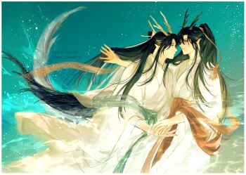 Rule 34 | 2boys, ahoge, aki uzuzame, alternate costume, bishounen, black hair, black horns, black tail, blue sash, blue shawl, chinese clothes, closed eyes, closed mouth, commentary request, couple, dragon boy, dragon horns, dragon tail, eastern dragon horns, eastern dragon tail, eye contact, grey eyes, hair ornament, hair ribbon, hanfu, headband, highres, holding hands, horns, kemonomimi mode, lan wangji, light particles, long hair, long sleeves, looking at another, male focus, modao zushi, multiple boys, partially submerged, pointy ears, ponytail, profile, red ribbon, red sash, red shawl, ribbon, robe, sash, shawl, sidelocks, splashing, tail, tassel, tassel hair ornament, topknot, twitter username, very long hair, water, watermark, wei wuxian, white hanfu, white headband, white horns, white tail, wide sleeves, xiao guan (headdress), yaoi