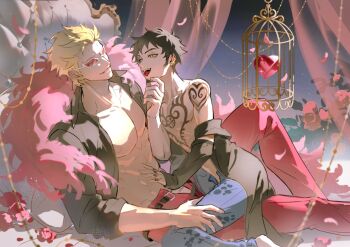 2boys arm_tattoo birdcage black_coat black_hair black_shirt blonde_hair cage chest_tattoo coat denim donquixote_doflamingo earrings facial_hair feathers flower goatee hand_on_another&#039;s_chin hand_tattoo heart jeans jewelry male_focus multiple_boys muscular muscular_male one_piece open_clothes open_mouth pants pink_coat pink_flower red_pants shirt short_hair shoulder_tattoo sitting sitting_on_lap sitting_on_person smile sunglasses tattoo tongue tongue_out topless_male trafalgar_law yaoi yuko_1201ann