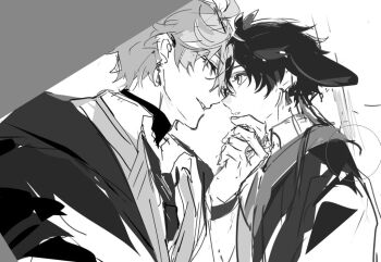 2boys age_difference aged_down alternate_costume genshin_impact grabbing_another&#039;s_chin hamtaru542899 hand_on_another&#039;s_chin hogwarts_school_uniform hufflepuff mors_gn multiple_boys rabbit_ears rabbit_tail tartaglia_(genshin_impact) tartali.club uniform white_background wizarding_world yaoi zhongli_(genshin_impact)