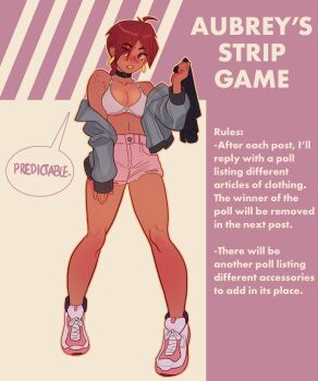 ahoge aubrey_(neal_d._anderson) blue_jacket bra braid brown_eyes brown_hair dark-skinned_female dark_skin earrings freckles highres holding holding_unworn_clothes jacket jewelry neal_d._anderson original strip_game underwear undressing white_bra