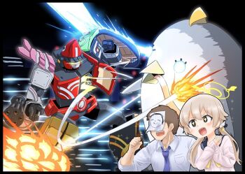 1boy 1girl beam blue_archive cardigan explosion formal_clothes gatling_gun halo hifumi_(blue_archive) kaiju kaiten_fx_mk.0_(blue_archive) light_brown_hair low_twintails mecha missile necktie peroro_(blue_archive) perorodzilla_(blue_archive) robot sailor_collar school_uniform sensei_(blue_archive) sparkling_eyes suit twintails