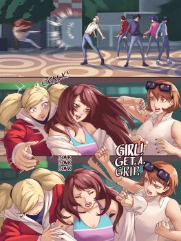 3girls 5boys amamiya_ren bare_shoulders black_hair black_sweater blonde_hair blue_eyes blue_hair blue_nails blue_pants blurry blurry_background bonk brown_eyes brown_hair commentary dancing denim english_commentary eyewear_on_head full_body glasses grey_hair highres hood hood_down hoodie in-franchise_crossover jeans kpop_demon_hunters kujikawa_rise long_hair looking_at_another mayonnaisenais3 motion_blur motion_lines multiple_boys multiple_girls nail_polish narukami_yu pants parody persona persona_1 persona_2 persona_3 persona_4 persona_5 pink_shirt red_nails red_shirt scene_reference shirt short_hair sleeveless sleeveless_shirt standing sunglasses suou_tatsuya sweater takamaki_anne takeba_yukari tarot the_lovers_(tarot) toudou_naoya trait_connection turtleneck turtleneck_sweater twintails upper_body white_shirt yuuki_makoto_(persona_3)