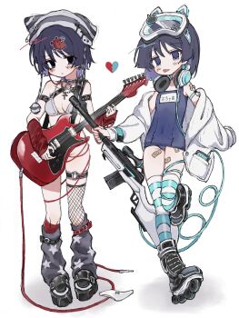 Rule 34 | 2girls, alternate costume, animal sticker, arm strap, arm warmers, asymmetrical legwear, bandaid, bandaid on leg, bare shoulders, battle rifle, bead necklace, beads, beanie, belt collar, bikini, black boots, black eyes, black shoes, blunt ends, blush, boots, bottomless, breasts, cable, cleavage, closed mouth, collar, collarbone, colored inner hair, commentary request, covered navel, cross, cross necklace, dual persona, electric guitar, empty eyes, fashion, fishnet thighhighs, fishnets, full body, genderswap, genderswap (mtf), genshin impact, goggles, goggles on head, gothic punk, grey socks, guitar, gun, hat, headphones, headphones around neck, highres, holding, holding gun, holding instrument, holding weapon, inline skates, instrument, jacket, jewelry, kingyo (nyankomanjyuu15), kneehighs, lace-up boots, layered legwear, long sleeves, loose socks, multicolored hair, multiple girls, necklace, o-ring, o-ring thigh strap, off shoulder, old school swimsuit, one-piece swimsuit, panties, paw sticker, purple eyes, purple one-piece swimsuit, red arm warmers, red socks, rifle, roller skates, scaramouche (genshin impact), school swimsuit, scope, shoes, simple background, skates, socks, standing, star (symbol), star print, striped clothes, striped headwear, striped thighhighs, swimsuit, thigh strap, thighhighs, tongue, tongue out, underwear, unworn panties, wanderer (genshin impact), weapon, white background, white bikini, white jacket, white panties, white sleeves