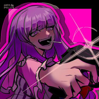 1girl akaakaakaakashio black_background blunt_bangs blush cigarette commentary cookie_(touhou) dated dress glint gun handgun highres holding holding_gun holding_weapon long_hair looking_at_viewer open_mouth patchouli_knowledge pink_background purple_dress purple_eyes purple_hair smile solo striped_clothes striped_dress sweat taisa_(cookie) touhou two-tone_background upper_body vertical-striped_clothes vertical-striped_dress weapon