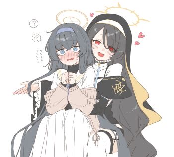 2girls ? absurdres black_dress black_hair blue_archive blue_eyes blue_hairband blush breasts cardigan dress hair_between_eyes hair_over_one_eye hairband halo heart highres hinata_(blue_archive) long_hair long_sleeves multiple_girls nose_blush nun off_shoulder open_mouth own_hands_together red_eyes sailor_collar simple_background sitting sitting_on_lap sitting_on_person skirt spoken_question_mark sweat thighhighs ui_(blue_archive) unot_227 very_long_hair white_background white_sailor_collar white_skirt white_thighhighs wide_sleeves